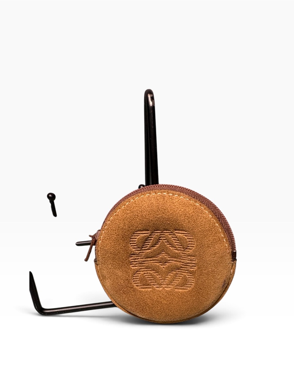 Loewe Vintage Suede Anagram Round Coin Purse Pouch Camel Tan Spain
